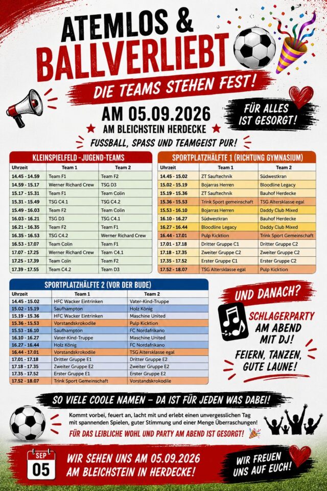 Spielplan Hobbyturnier am 05.09.2026 ab 14.45 Uhr